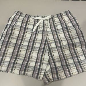 Men’s Merona Swimsuit Size Medium. Brown White Light Purple Plaid. Back Pocket.